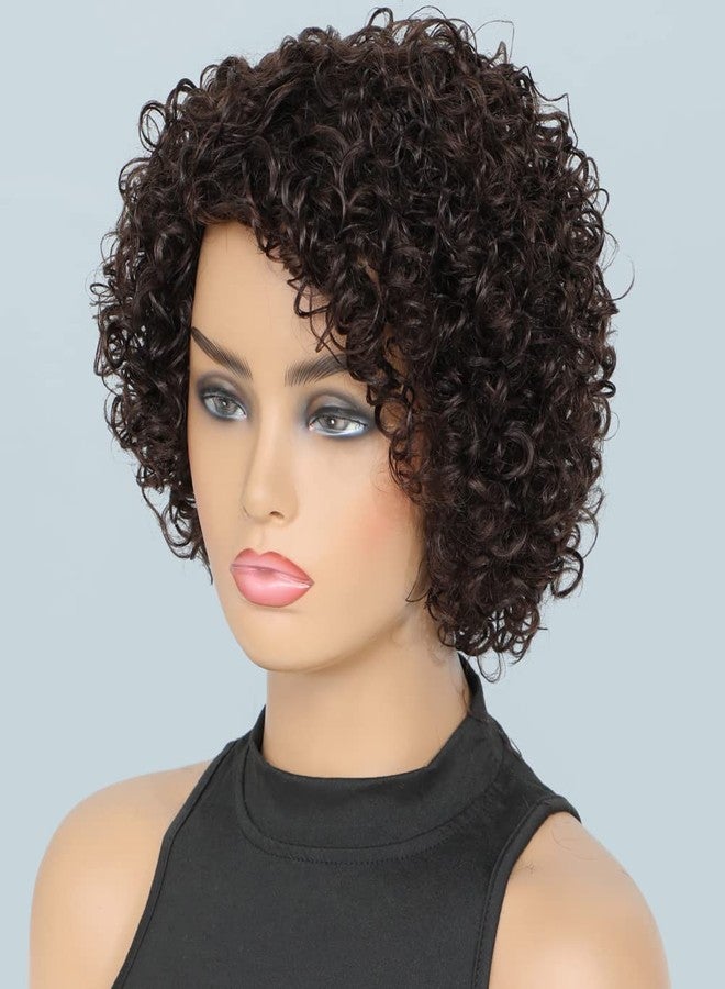 UDU Short Curly Human Hair Wigs For Black Women Dark Brown Human Hair Curly Wigs Non Lace Glueless Wigs Human Hair Side Part Wigs (2#) - Image 5